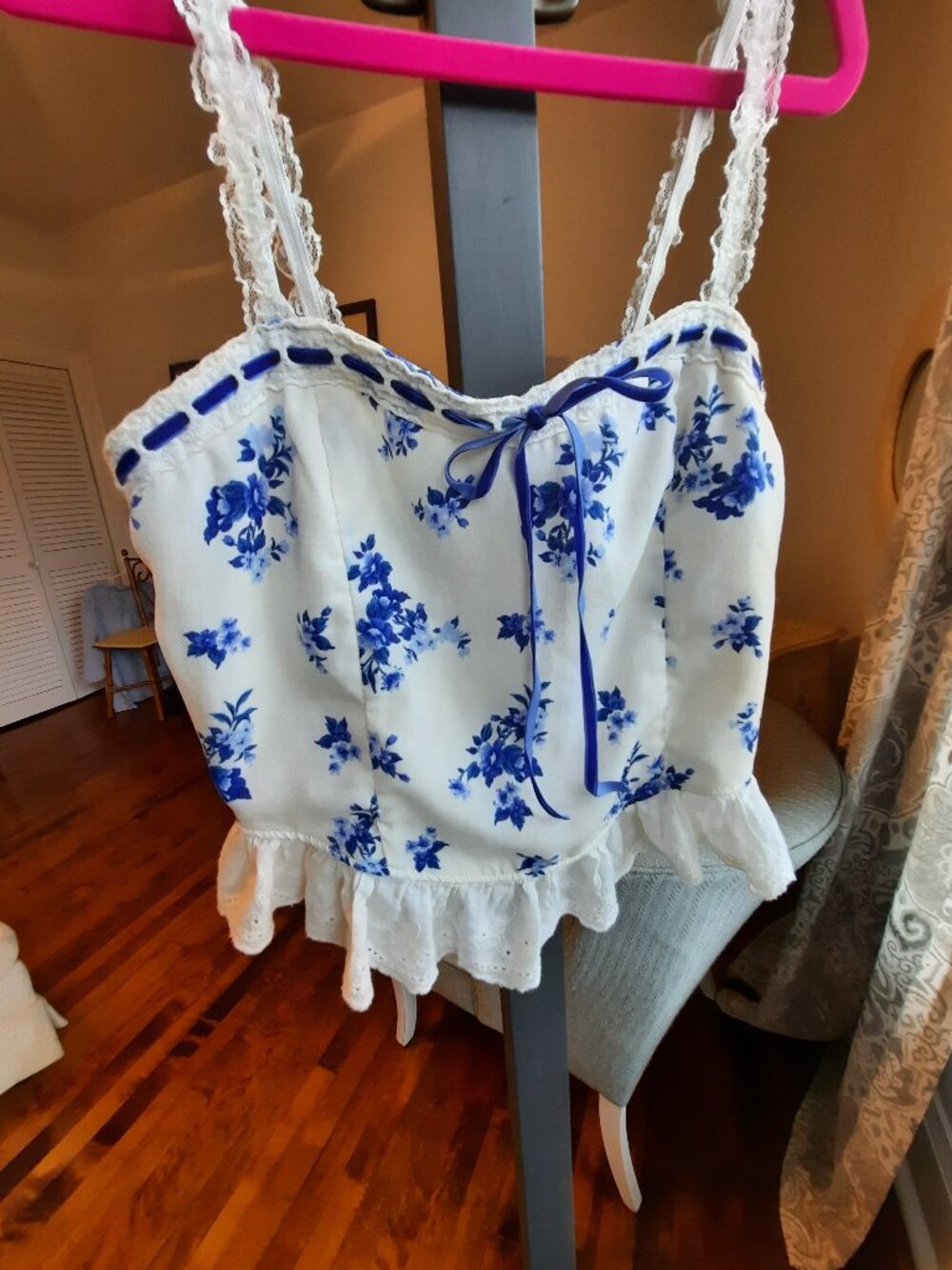 Blue Floral Lace Trim Cami – Cottagecore / Coquette Style.  Has flaw. - Picture 2 of 8
